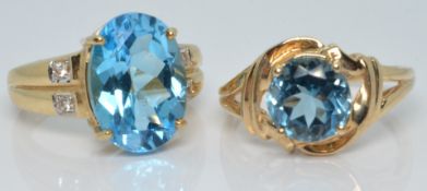 Two gold rings set with blue topaz, 9.3g, size N and O