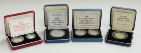 Four Royal Mint silver proof coin sets comprising 1990 old design / new design 5p, 1992 old design /