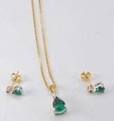 A 9ct gold necklace and earrings set with diopside and diamonds, 3.4g