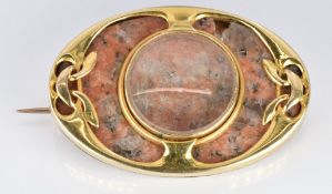 Art Nouveau gold brooch set with quartz with a glass compartment to the centre verso engraved M.H.