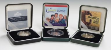 Three Royal Mint silver proof Piedfort coins comprising two 2007 £2 coins, Slavery and Act of