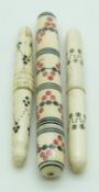 Three 19thC turned bone and ivory Indian Madras ware needle cases, longest 9cm