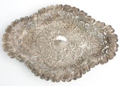 Edward VII hallmarked silver lozenge shaped pierced bowl or basket with shaped edge and pierced