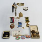 A collection of watches and bijouterie including a hallmarked silver pocket watch, Masonic medals,