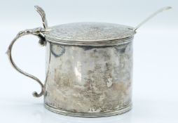 Georgian English provincial hallmarked silver mustard with pierced thumbpiece, blue glass liner