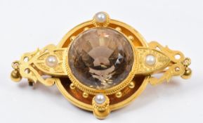 Victorian yellow metal brooch set with quartz and seed pearls, W- 2.5cm x L - 4cm, 8.2g