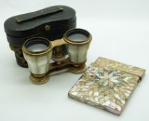 Mother of pearl and abalone card case with geometric decoration together with a pair of mother of