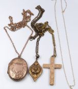 Victorian locket, 9ct gold chain, a 9ct gold cross pendant (6g) with chased engraving and a