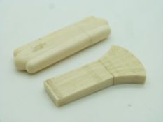Two 19thC carved ivory needle cases comprising one in the form of a wheatsheaf, another a cigar