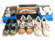 Five pairs of Addias trainers including Superstar (UK 5), white and green Stan Smith (UK 9.5),