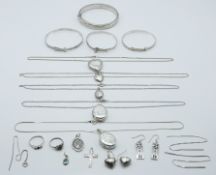 A collection of silver jewellery including four bangles, four lockets, necklaces etc, 75g