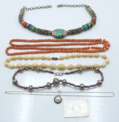 Chinese mother-of-pearl counter, white metal, turquoise and coral necklace, coral, ivory and further