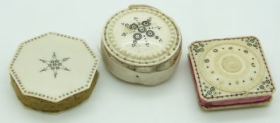 Three 19thC Indian Madras ware ivory pin cushions, largest diameter 4.2cm