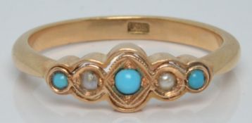 Edwardian 15ct gold ring set with turquoise and seed pearls, 3.2g, size Q