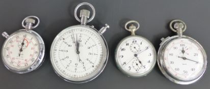 Four keyless winding open faced pocket stop watches comprising Nero Lemania, two Smiths and one