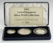 Royal Mint 1993 Silver Proof Collection comprising £5, £1 and 50p, cased with certicate no 0009