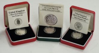 Three Royal Mint silver proof Piedfort £1 coins, 1983, 1986 and 1988, all cased with certificates