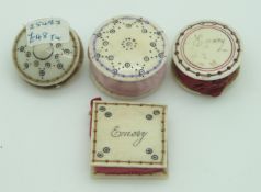 Four 19thC Indian Madras ware ivory pin cushions, two with 'Emery' engraved, largest diameter 3cm