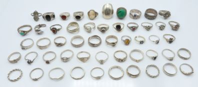 Over 45 silver rings set with a cameo, turquoise, garnet, malachite, etc
