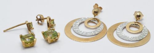 Two pairs of 9ct gold earrings, one pair set with a peridot and diamonds, 3.9g