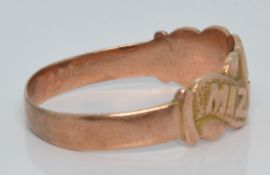 Edwardian 9ct rose gold Mizpah ring set with a sapphire, 2.1g, size Q
