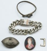 Victorian silver curb link bracelet, silver bangle and two silver brooches