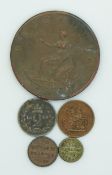 1799 George III second type Soho Mint copper halfpenny together with four miniature Victoria coins