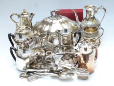 Large collection of plated ware including a large domed cover, height 22cm, Victorian tea set,