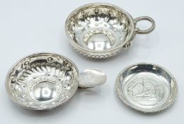 French silver porringer engraved 1889, an unmarked Arts and Crafts style porringer with snake handle
