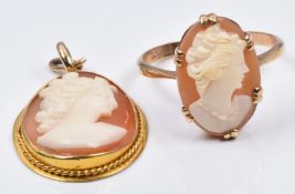 A 9ct gold pendant and ring set with a cameo, 4.9g