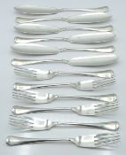 Edward VII six place setting of hallmarked silver Hanovarian rat tail pattern fish eaters, Sheffield