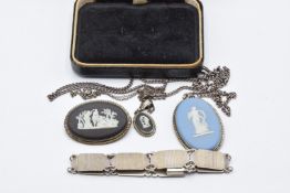 A silver bracelet, two silver Wedgwood necklace and a Wedgwood brooch