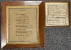 Two 19thC embroidery samplers by Triphena Price and Elizabeth Drewry, 1838, largest 33 x 27cm
