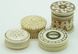 Four 19thC Indian Madras ware ivory turned and carved whist counter containers, one marked thus,