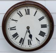 Mahogany cased dial clock with fusee movement and painted Roman dial, diameter 29cm