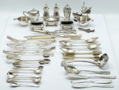 Five piece hallmarked silver cruet set, Birmingham 1923, further pepper and mustard, pair of