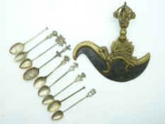 Tibetan or similar knife with brass mounts, three hallmarked silver spoons, weight 26g and six