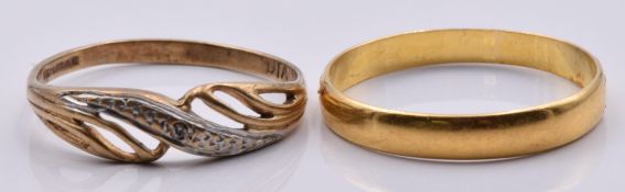 A 22ct gold wedding band/ ring, London 1885, (1.3g, size L) and 9ct gold ring, (1g, size K)