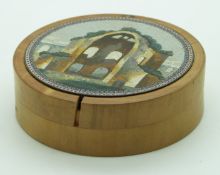 Micromosaic lidded turned wood grand tour circular patch box depicting a ruined building / abbey,