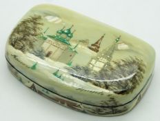 A signed Russian lacquer box with two additional scenes within, 8 x 11.5cm