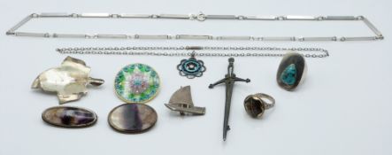 Two silver brooches set with Blue John, a glass brooch, other silver brooches, a silver and 9ct gold