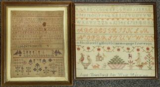 William IV embroidery sampler by Sarah Ann Wood 1833, and another of the same date, largest 29 x