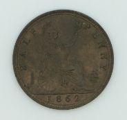 1862 Queen Victoria young head halfpenny, die letter 'C' left of lighthouse base, VF+, extremely