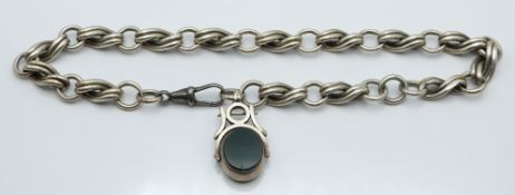 Edwardian silver fob set with bloodstone and agate and a large silver chain, 71g. L- 40cm