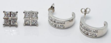 Two pairs of 9ct white gold earrings set with cubic zirconia, 4.6g