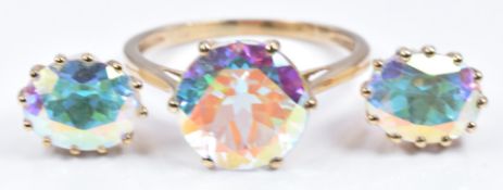 A 9ct gold ring set with moonlight topaz with matching pair of earrings, 4.4g
