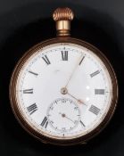 Gold plated keyless winding open faced pocket watch with subsidiary seconds dial, gold hands,