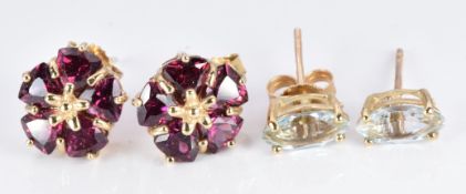 A pair of 9ct gold earrings set with five trilliant cut rhodolite to each and a pair of 9ct gold