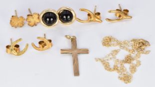 A 9ct gold cross and three pairs of 9ct gold earrings, 2.7g