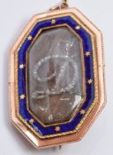Georgian rose gold pendant/ brooch set with hair, diamonds in a 'D' and blue enamel, in original box